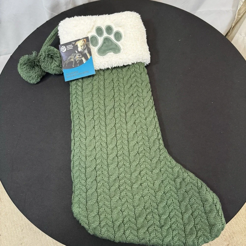 The Humane Society Green & White Paw Print Cable Knit Christmas Stocking 18